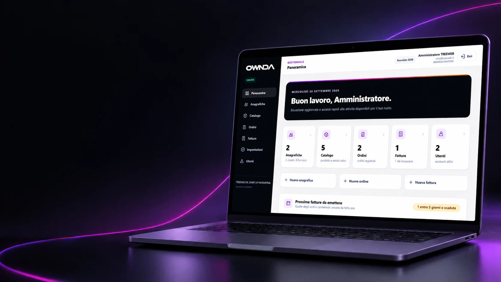 Anteprima della dashboard gestionale OWNDA for Business mostrata nella presentazione Treeweb